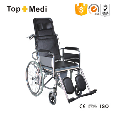 Silla de ruedas con inodoro reclinable de acero Topmedi Transit con orinal de plástico